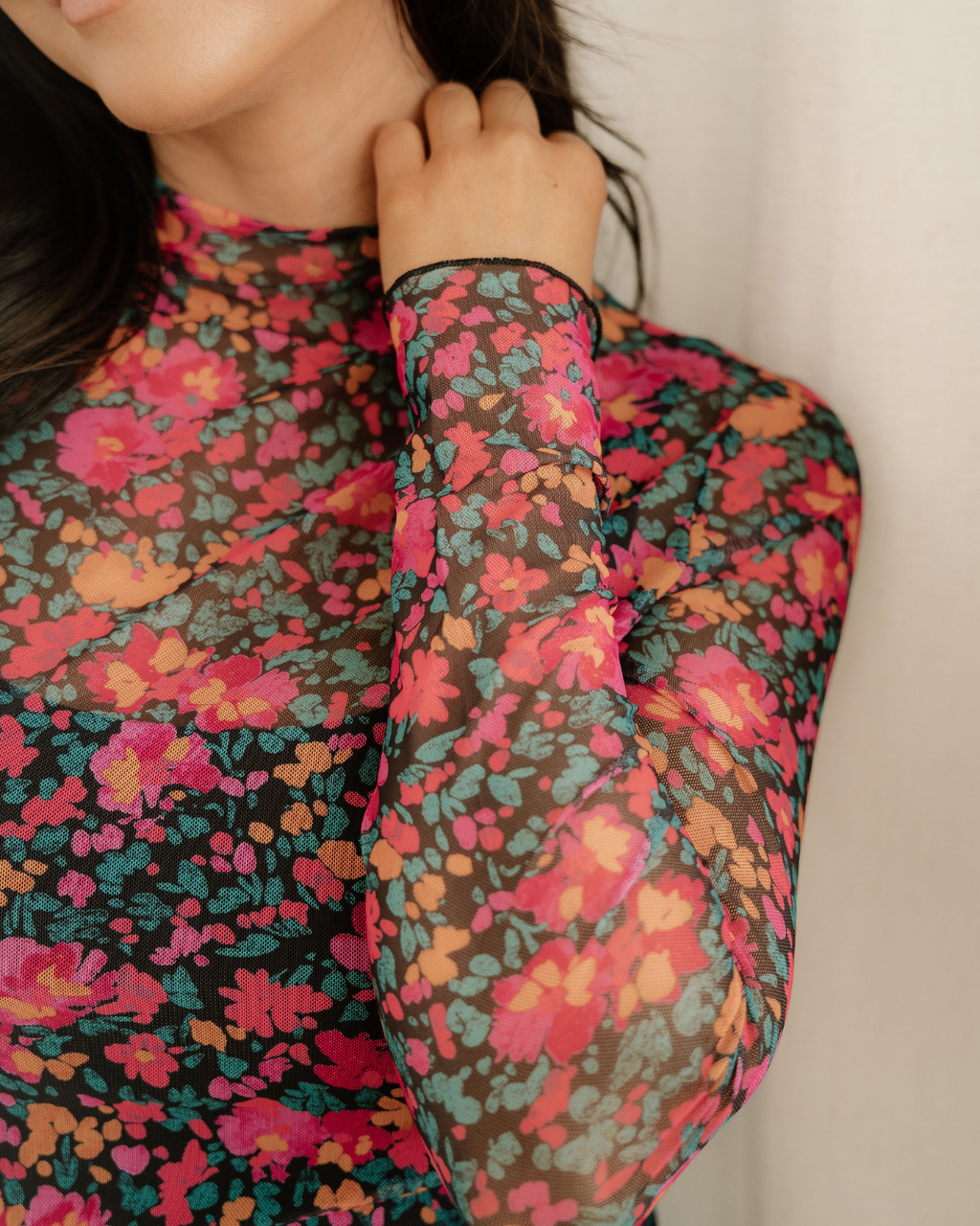 Summer Slim Fit Floral Mesh Long Sleeve Mock Neck Top - Rose