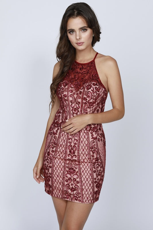 Juliet Short Halter Fitted Dress Cut-Out Back