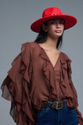 Brown V-Neck All Over Ruffle Blouse