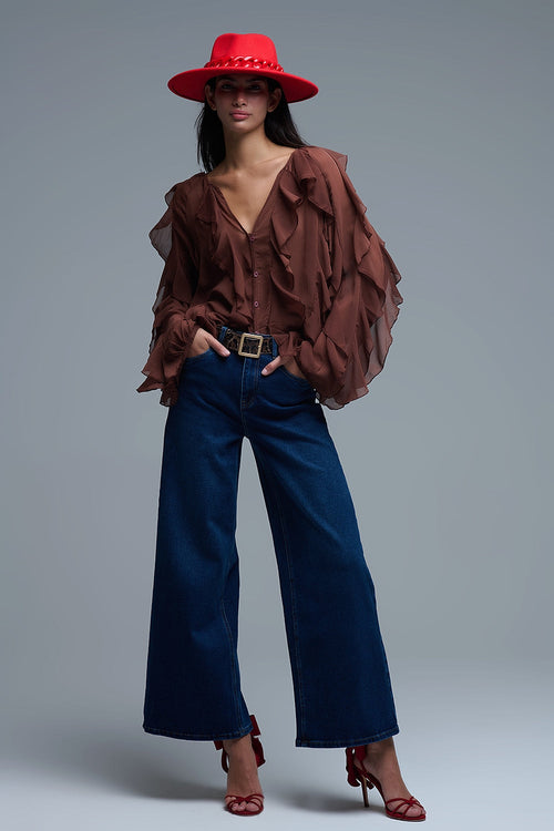 Brown V-Neck All Over Ruffle Blouse