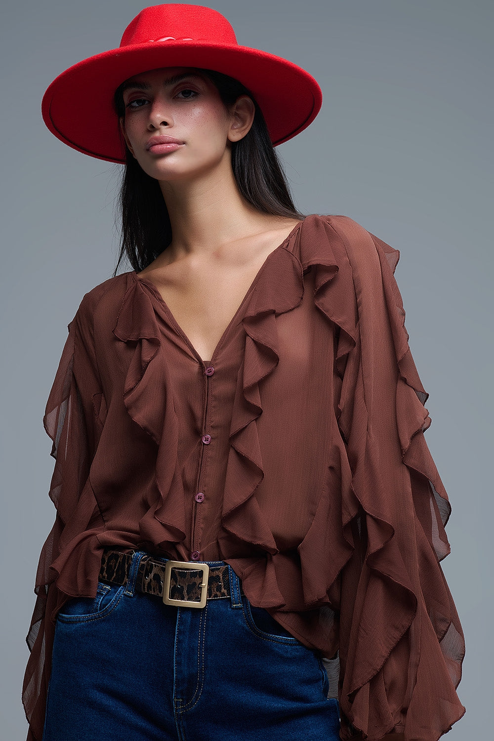 Brown V-Neck All Over Ruffle Blouse