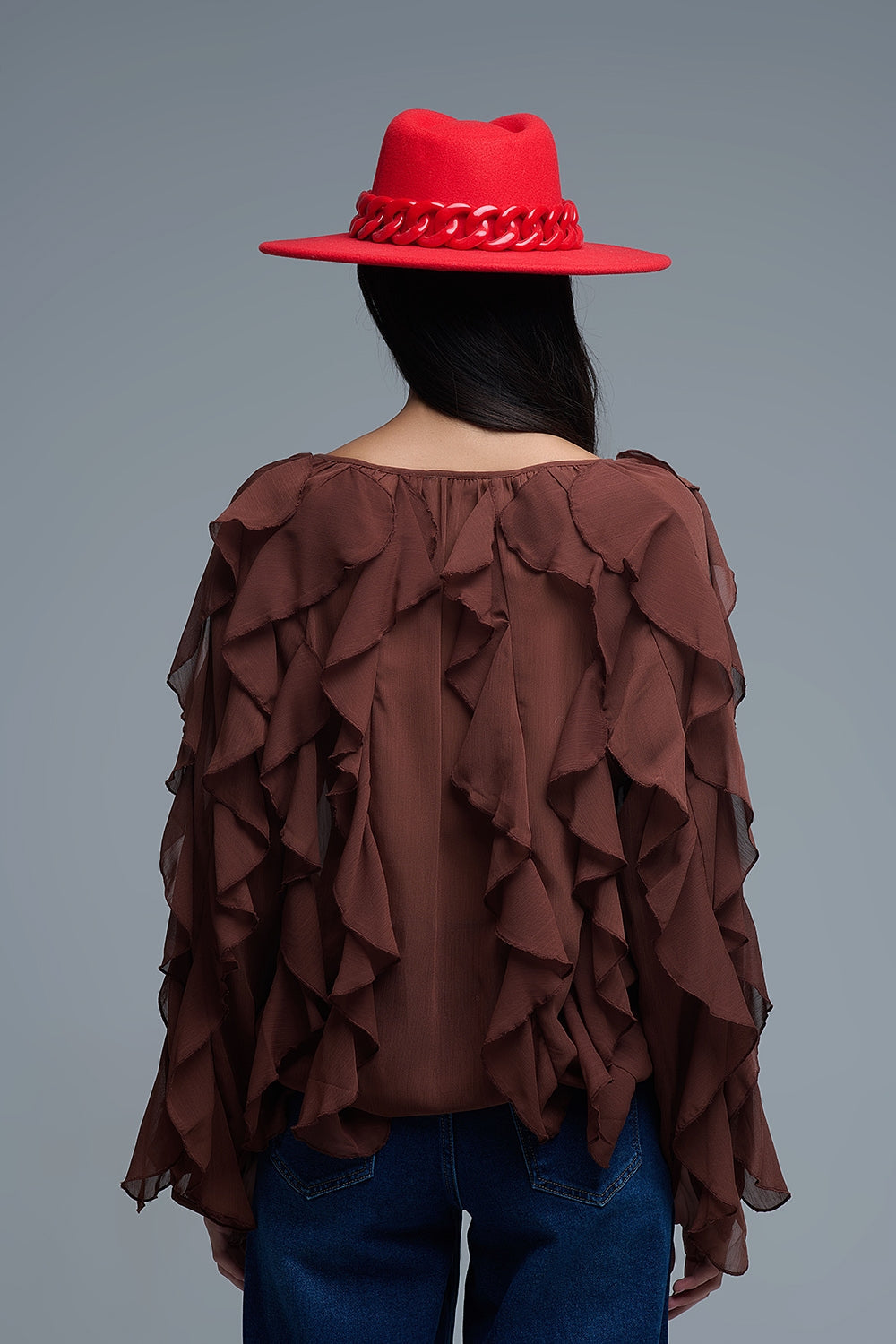 Brown V-Neck All Over Ruffle Blouse