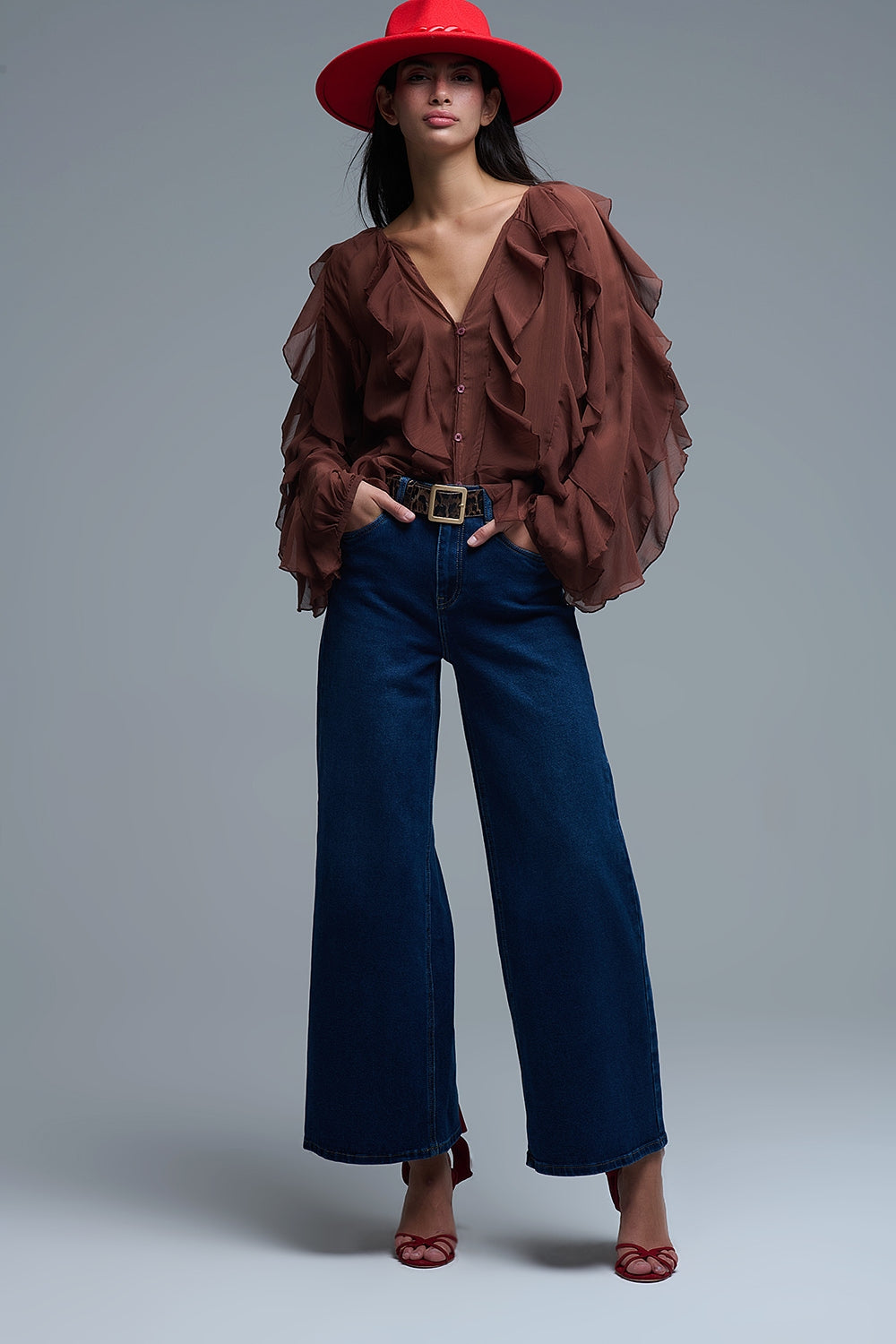 Brown V-Neck All Over Ruffle Blouse
