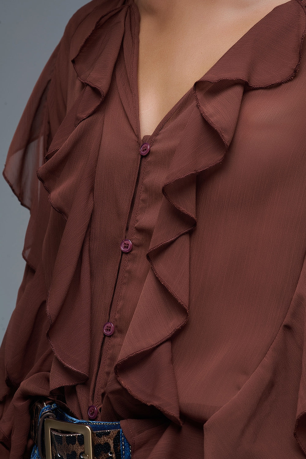 Brown V-Neck All Over Ruffle Blouse