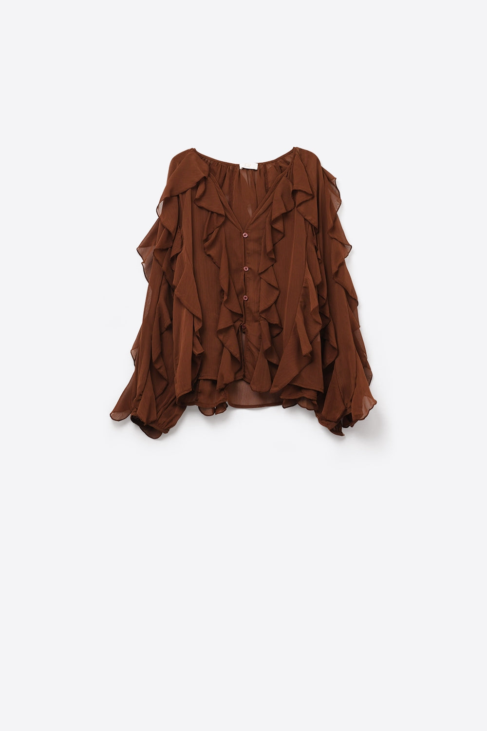 Brown V-Neck All Over Ruffle Blouse