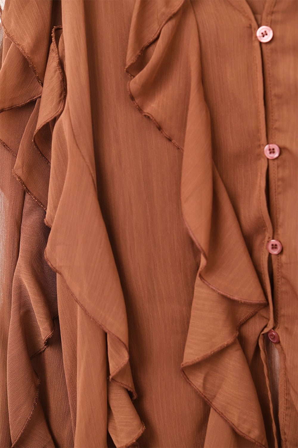 Brown V-Neck All Over Ruffle Blouse