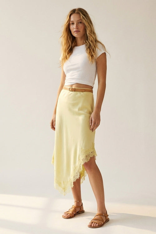 Butter Yellow Satin Handkerchief Skirt with Lace Trim