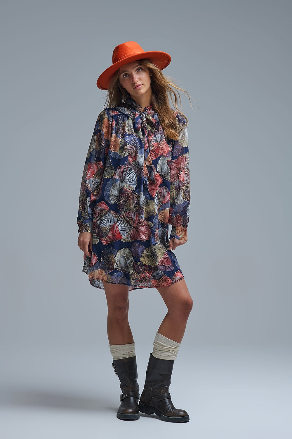 Elegant Floral A-Line Tie Neck Dress