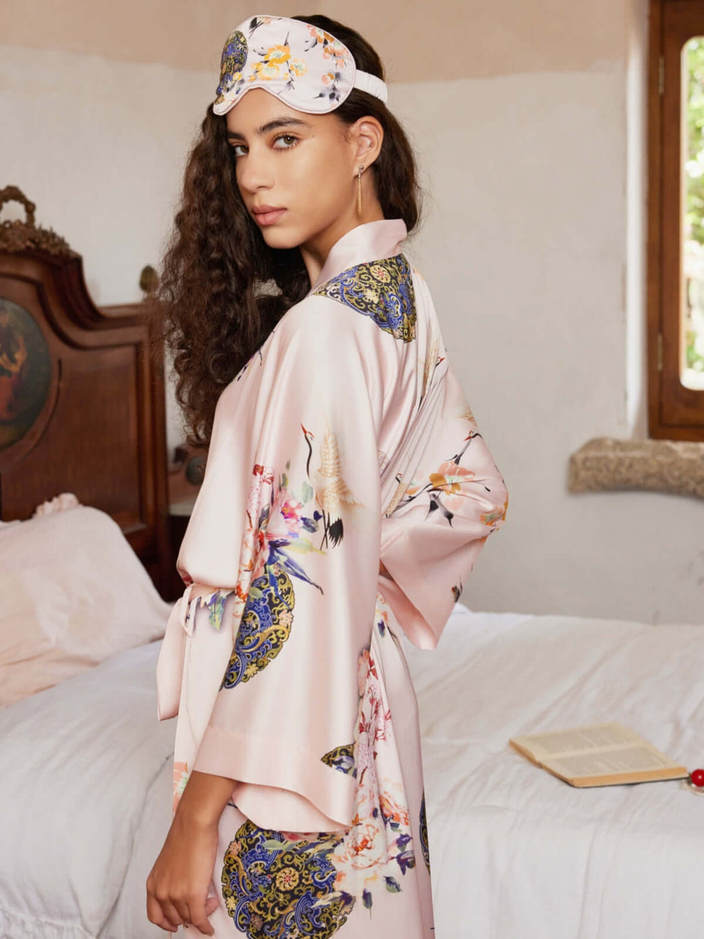 Pink Crane Charmeuse Floral Asian Inspired Sleep Mask