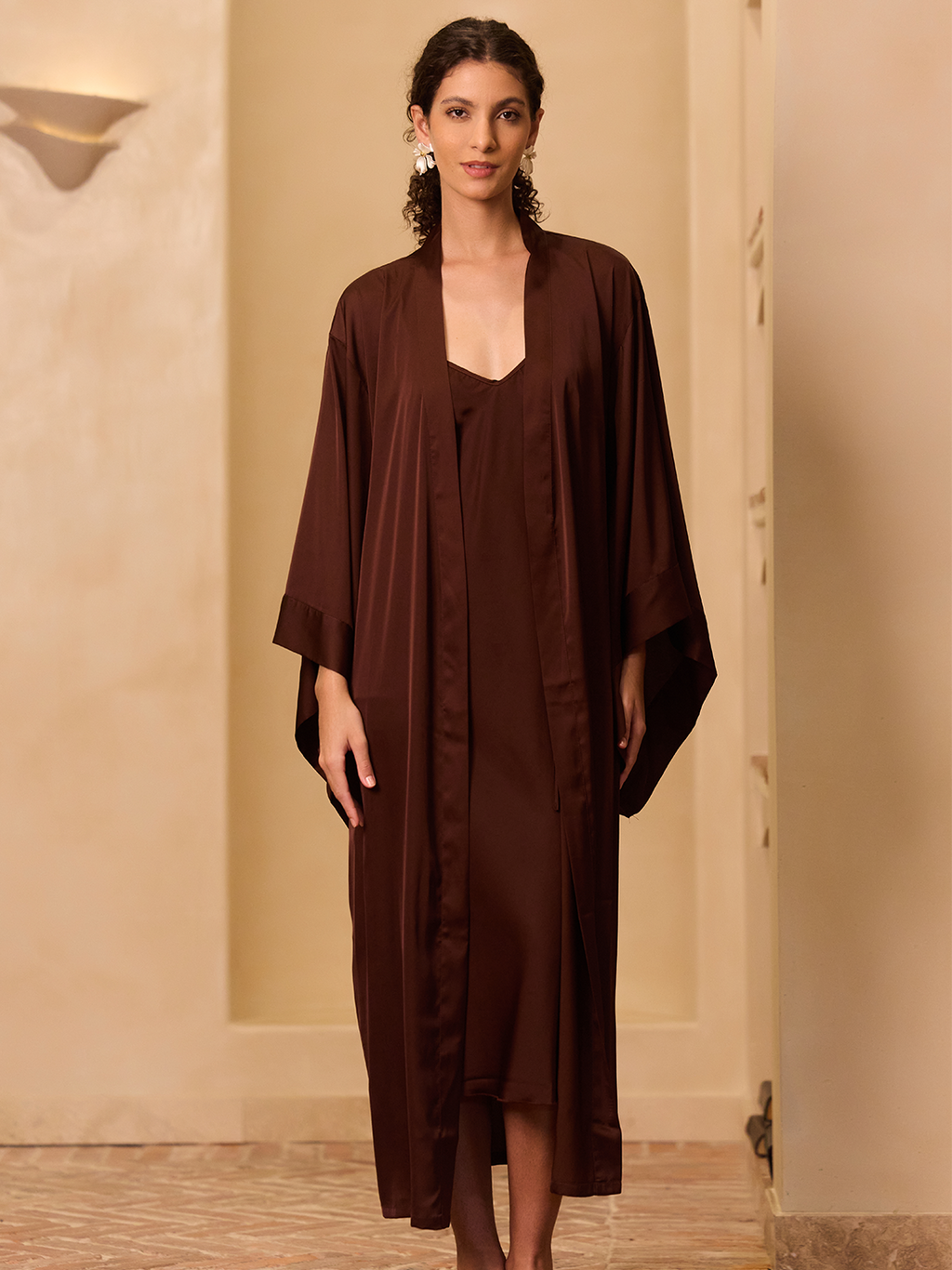 Deep Brown Flowing Sleeve Kimono Robe