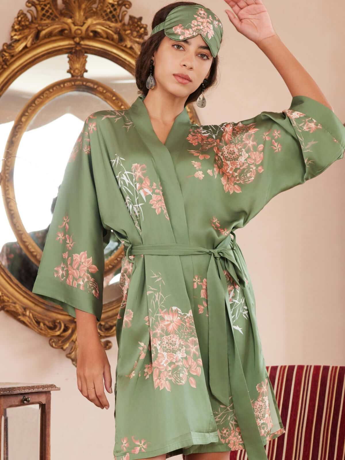 Green Charmeuse Floral Asian Inspired Sleep Mask