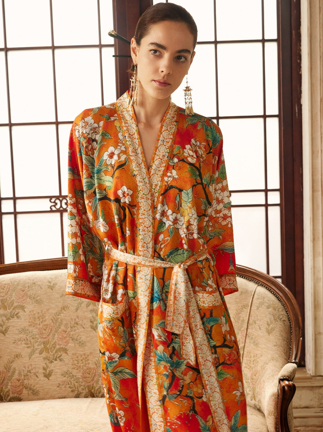 Vintage Orange Enamel Camellia Floral Kimono Robe with Pockets