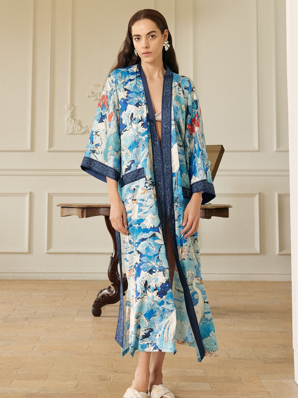 Graceful Lotus & Crane Kimono Robe with Pockets