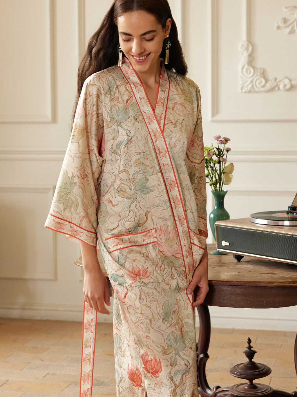 Dunhuang Celestial Herb Long Kimono Robe with Pocket