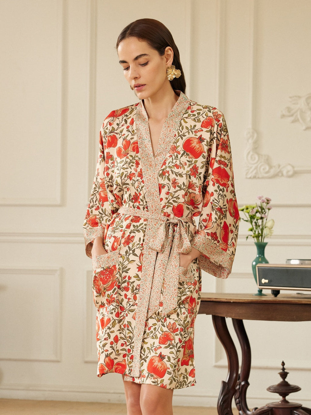 Pomegranate Garden Short  Robe with Pockets