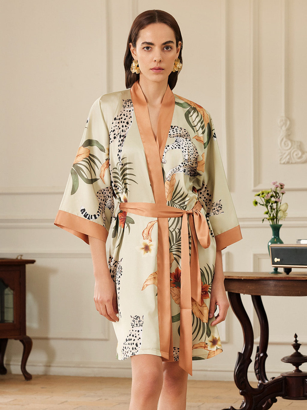 Orange Leopard Short Kimono Robe