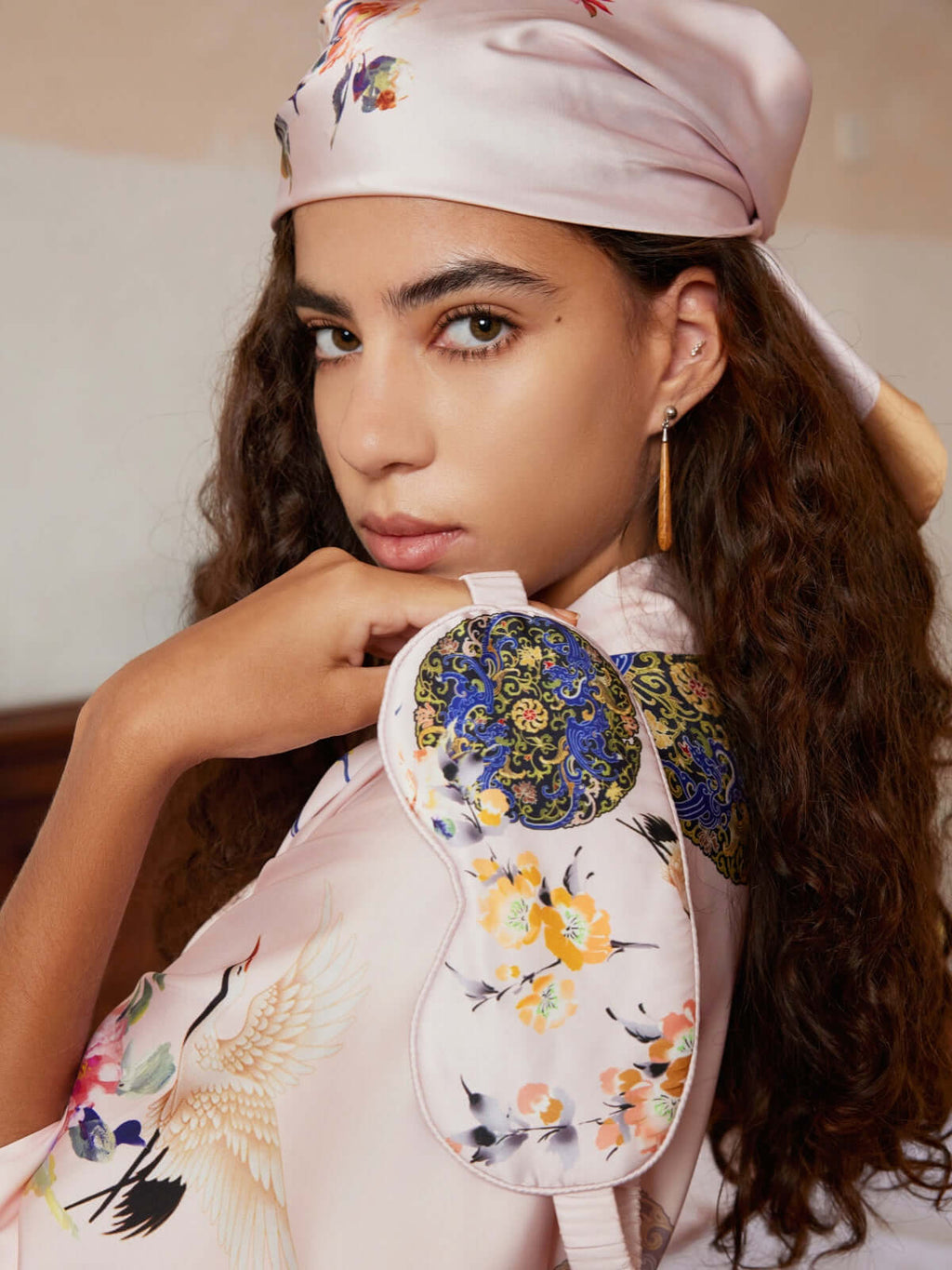 Pink Crane Charmeuse Floral Square Scarf