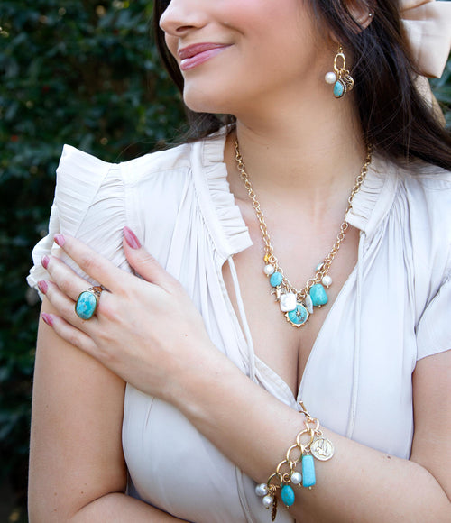 Blue Turquoise and White Pearl Multi Charm Golden Charm Earrings