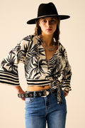 Cropped Top In White With Tropical Motif in Black
