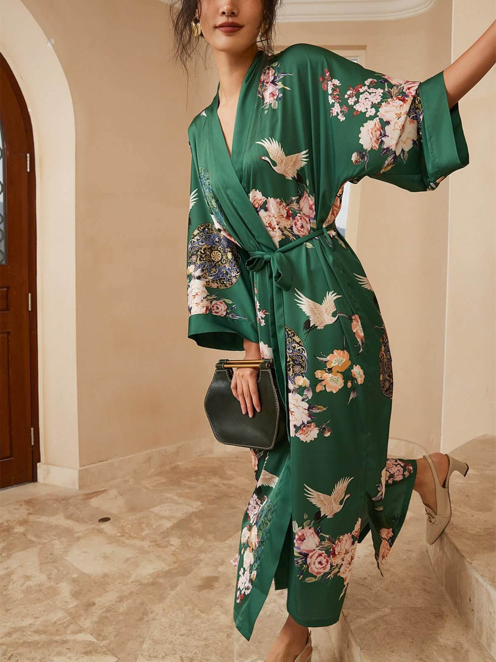 Garden Crane Green Kimono Robe