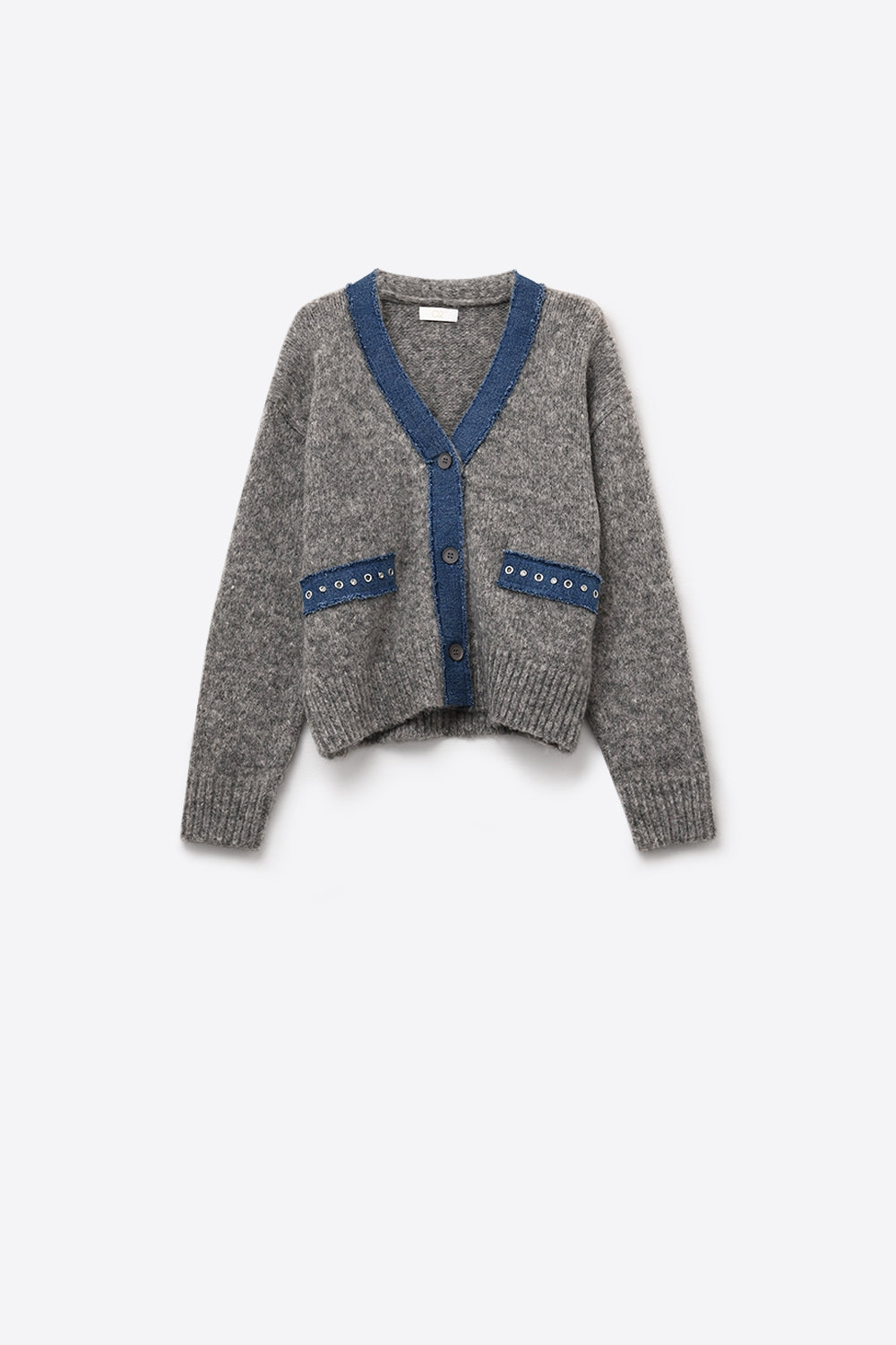 gray cardigan with denim fabric details