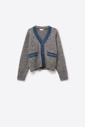 gray cardigan with denim fabric details
