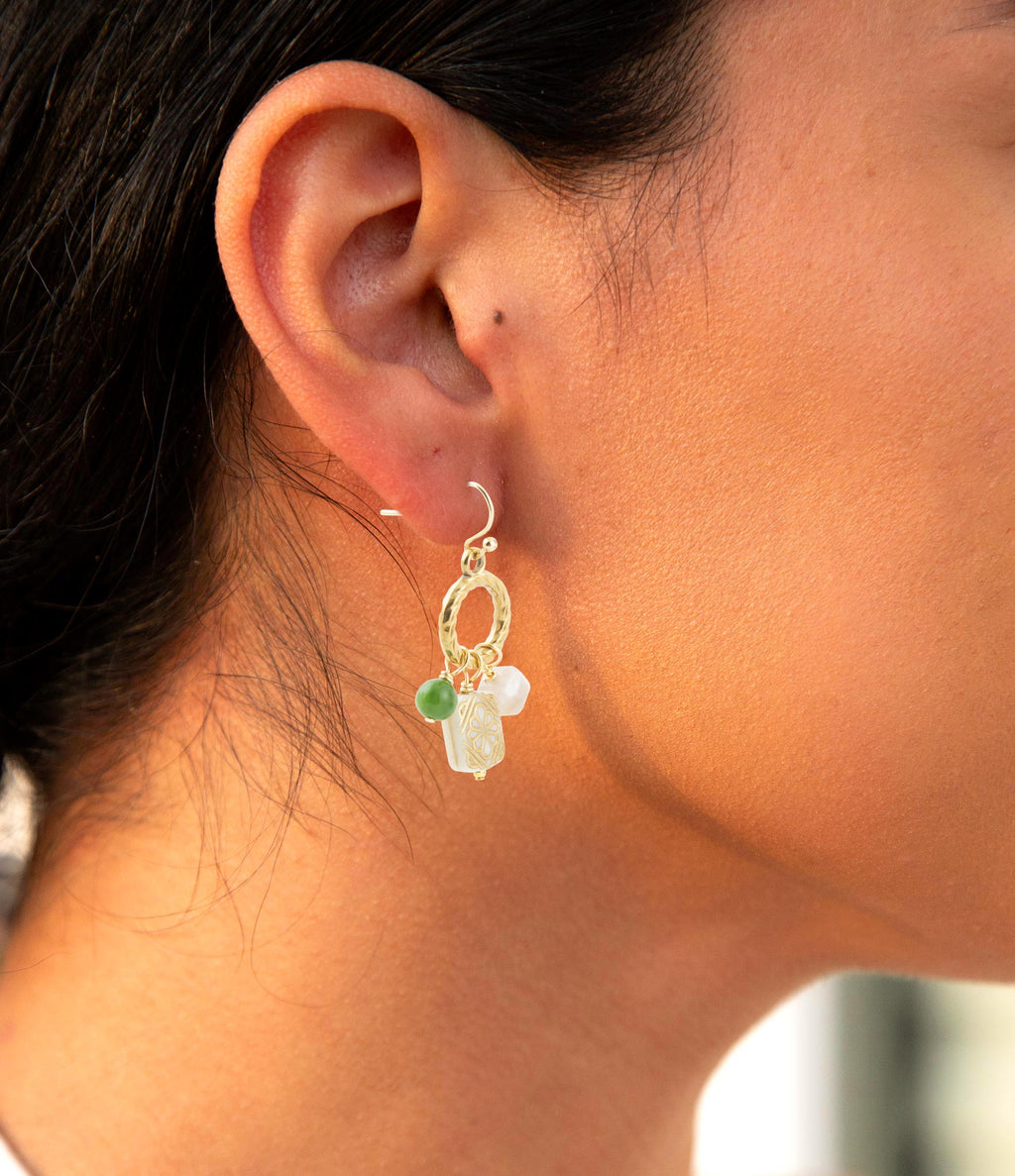 Green Jade and Pink Sunstone Golden Drop Earrings