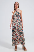 Halter neck maxi dress in beige paisley print