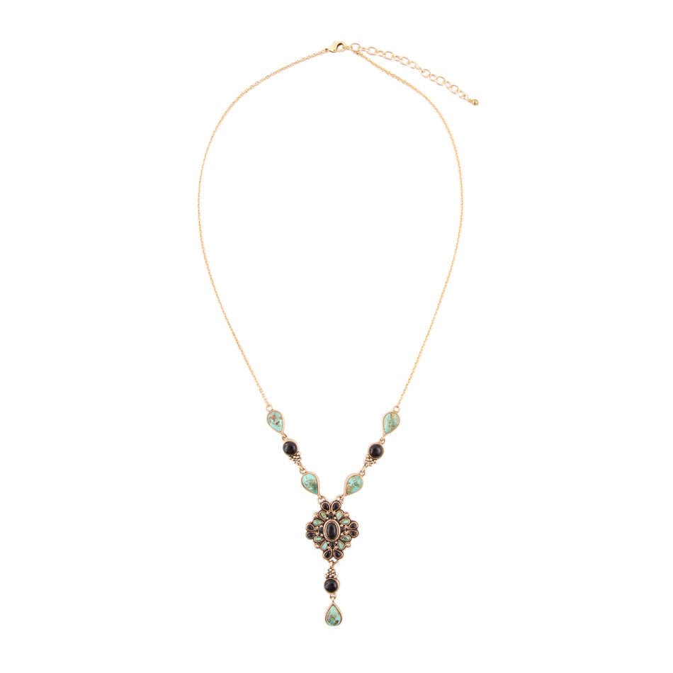 Barcelona Black Onyx and Blue Turquoise Golden Y-Necklace