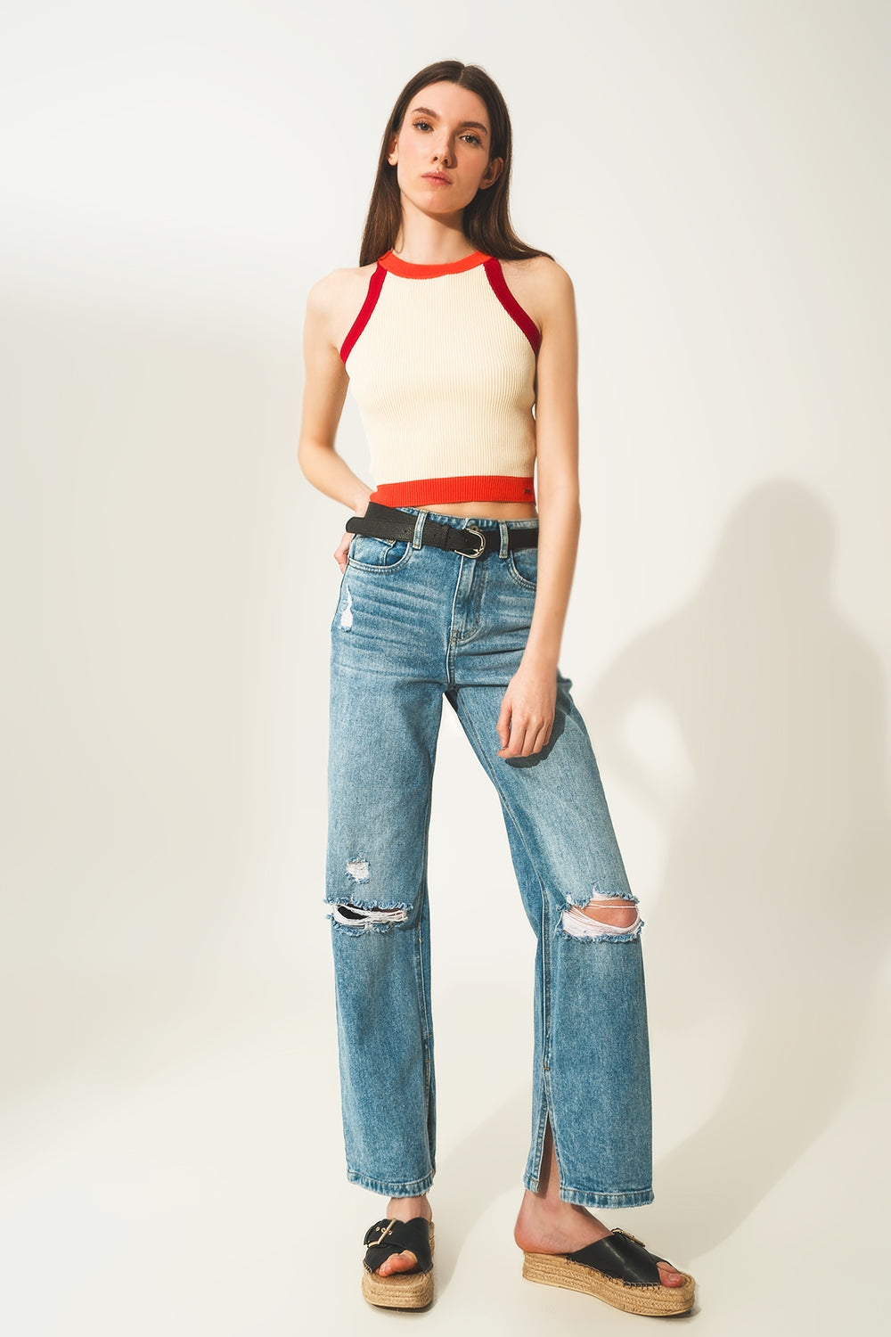 Ribbed cropped vest top in red