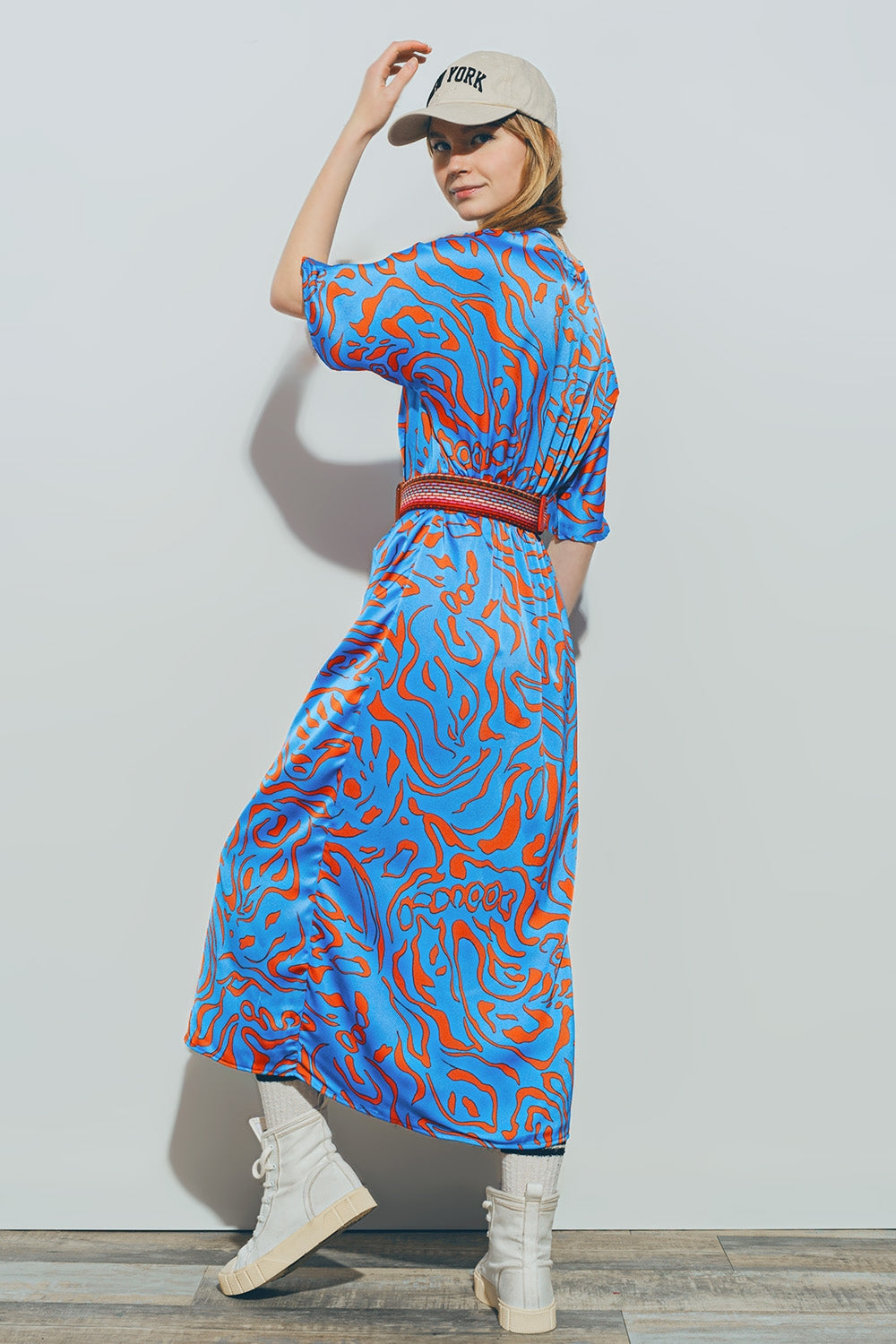Satin V Neck Midi Dress in Blue