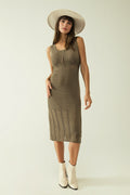 Sleeveless khaki knit midi dress with round neck