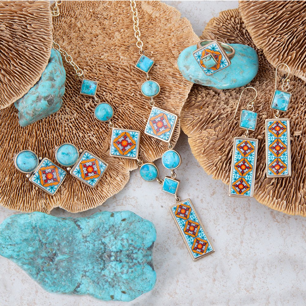 Talavera Tile and Blue Turquoise Golden Dangle Earrings