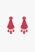 Tear drop Rafia Earrings With Oval Beads In Fuchsia