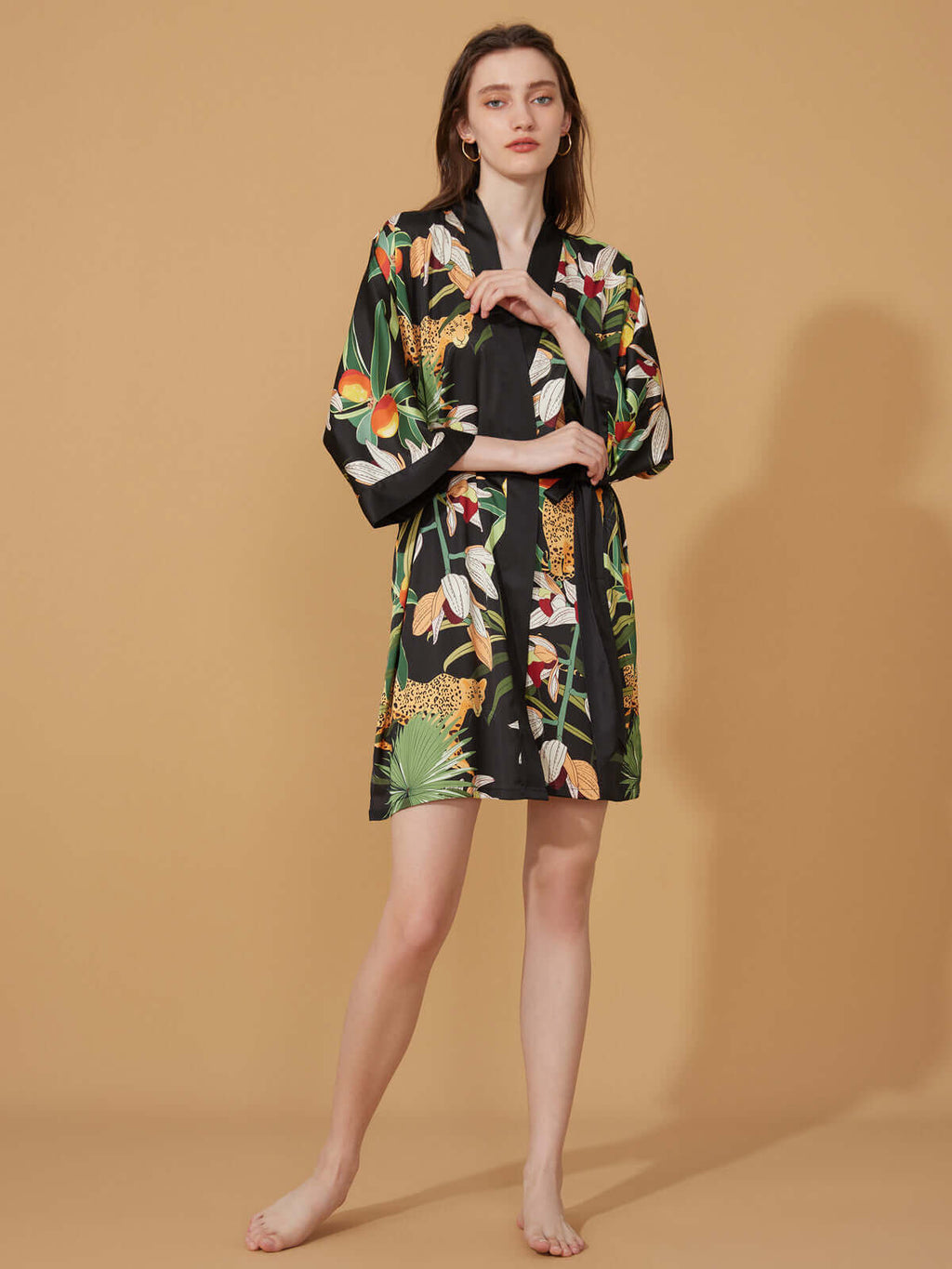 Short Kimono Robe Black Leopard