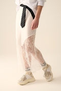 white satin skirt with lace at the bottom